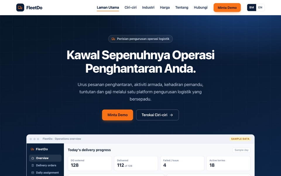 Tangkapan skrin halaman utama awam projek pengurusan armada
