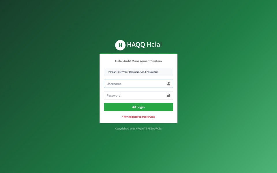 Tangkapan skrin log masuk sistem pengurusan halal